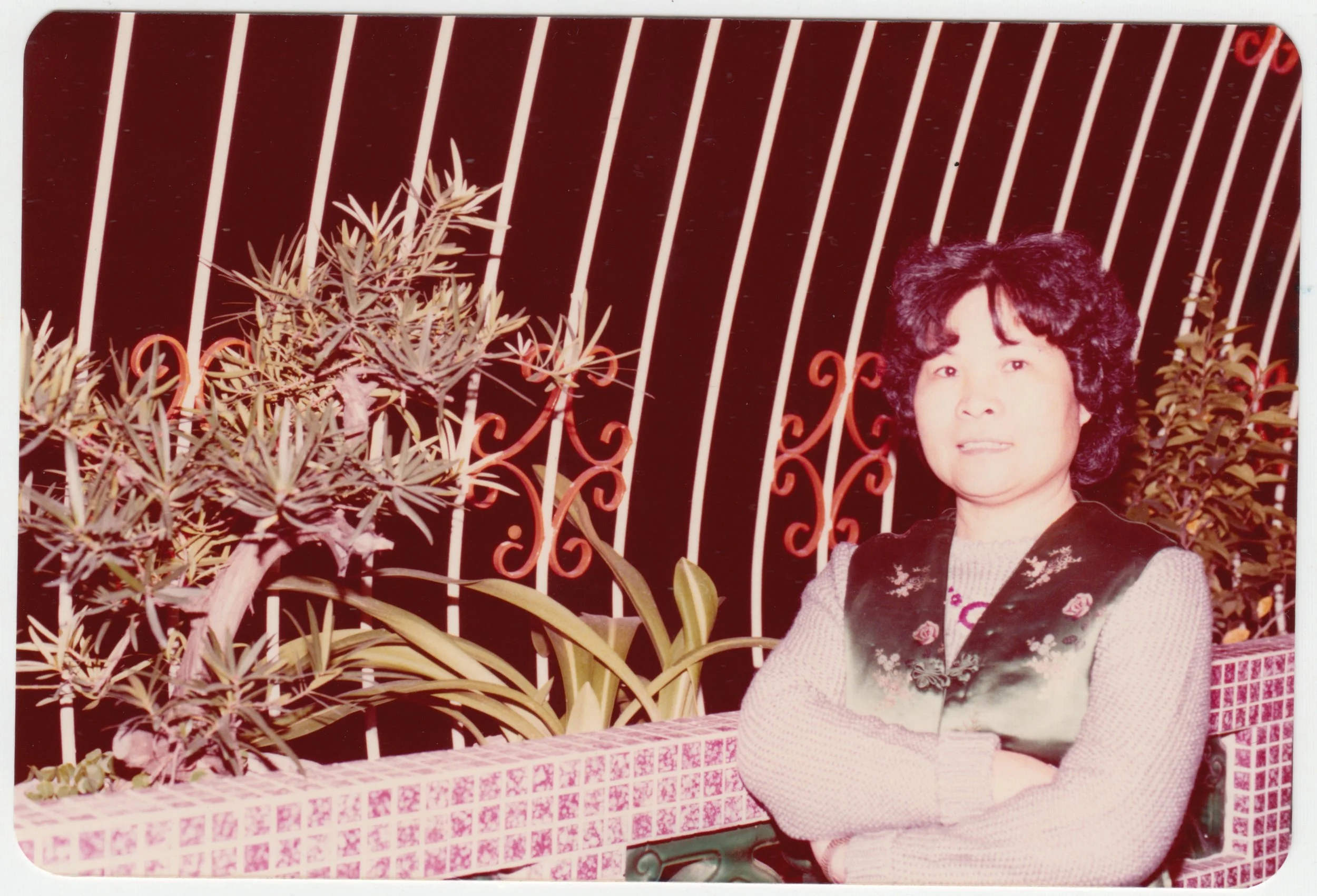 Grandma on the balcony on 18/F of Wing Ying Mansion, c. 1980 - 1981. For more photos of our home, see 'Home'