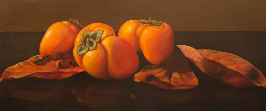 Persimmons with personality :: Oil on linen, 50 x 120cm