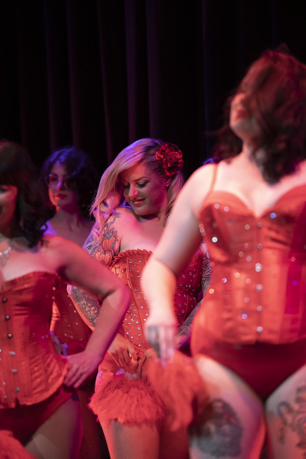 Burlesque students on stage at Moonah Arts Centre