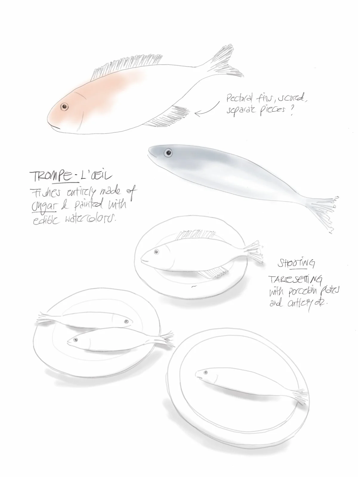  Hand-drawn concept sketch for a trompe-l'œil sugar sculpture fish, with process notes, So BANG Paris, created by Creative Director Chi-Young Bang 