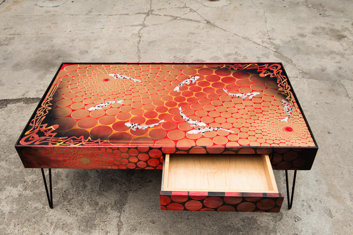  lavafish table  49"x27"x18"tall  mixed media on maple panel with steel hairpin legs. 