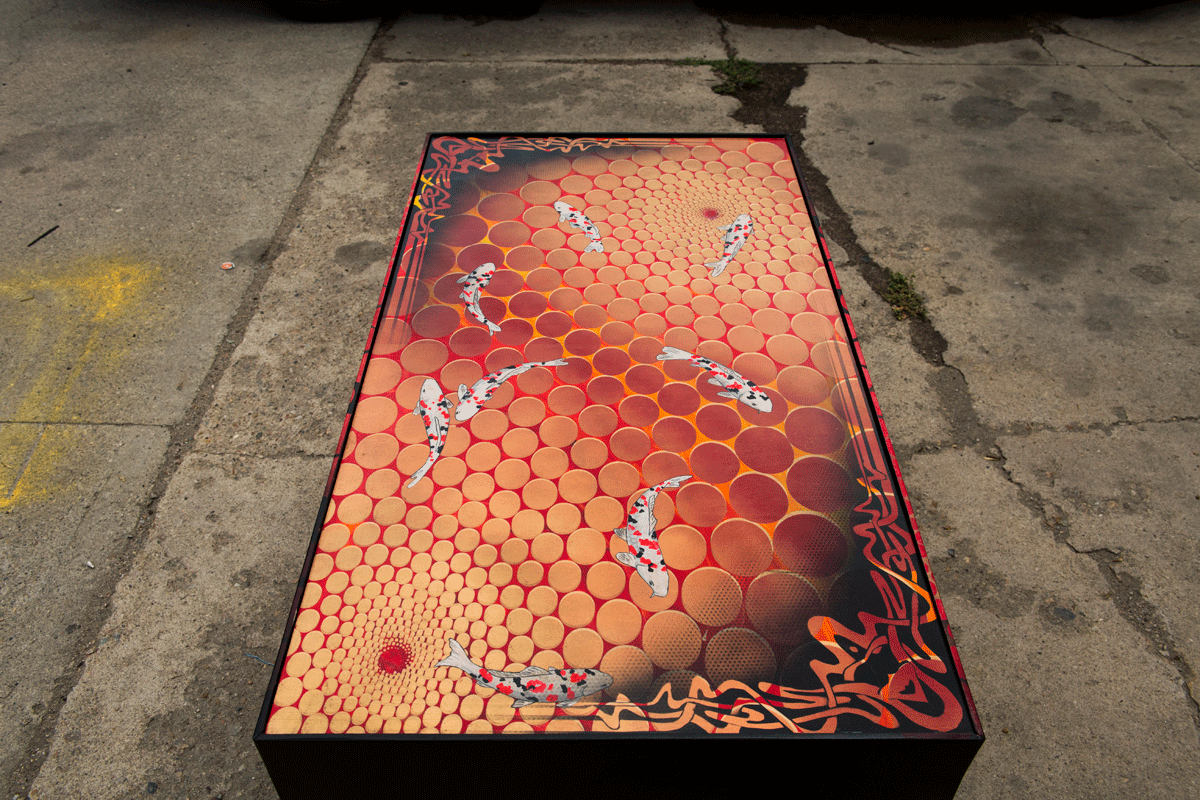  lavafish table  49"x27"x18"tall  mixed media on maple panel with steel hairpin legs. 