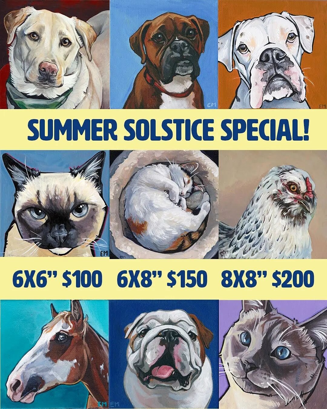 HAPPY SUMMER EVERYONE!
To celebrate, my most popular sizes for custom pet portraits are $50 off today only with free shipping or local pickup! These prices are for one pet of any species with a simple background.

To order, DM me here or use the form