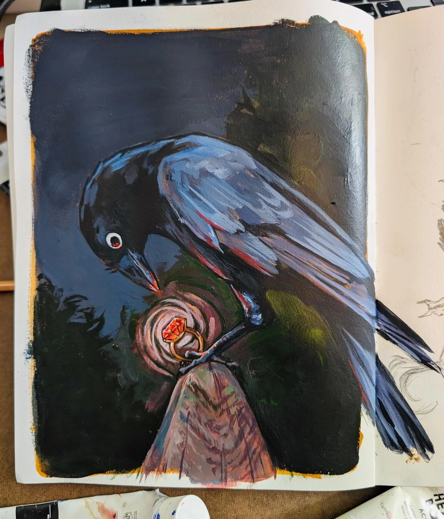Ooh shiny 💍✨😵&zwj;💫 #crow #corvid #illustration #sketchbookart #acrylic