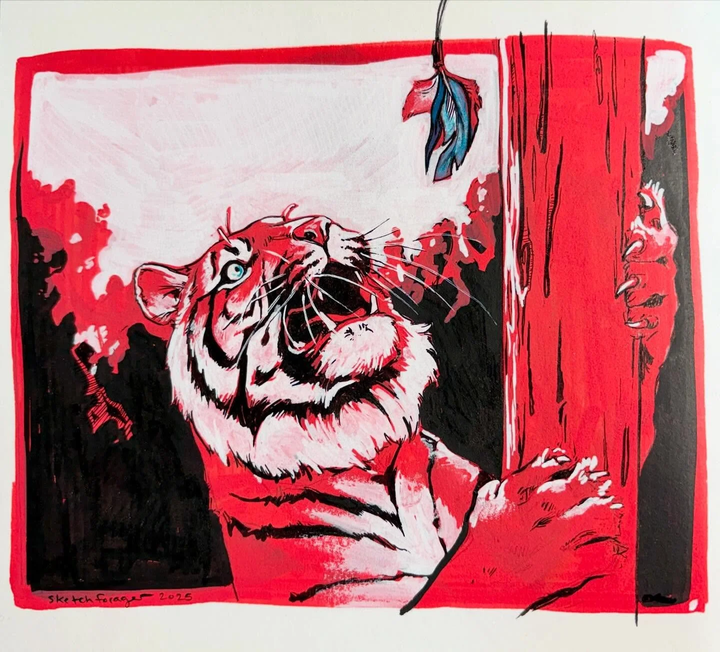 My cat got a new feather toy she&rsquo;s OBSESSED WITH for Christmas, and I know this is how she sees herself while on the hunt #tiger #sketchbook #paintmarkers #posca #cats