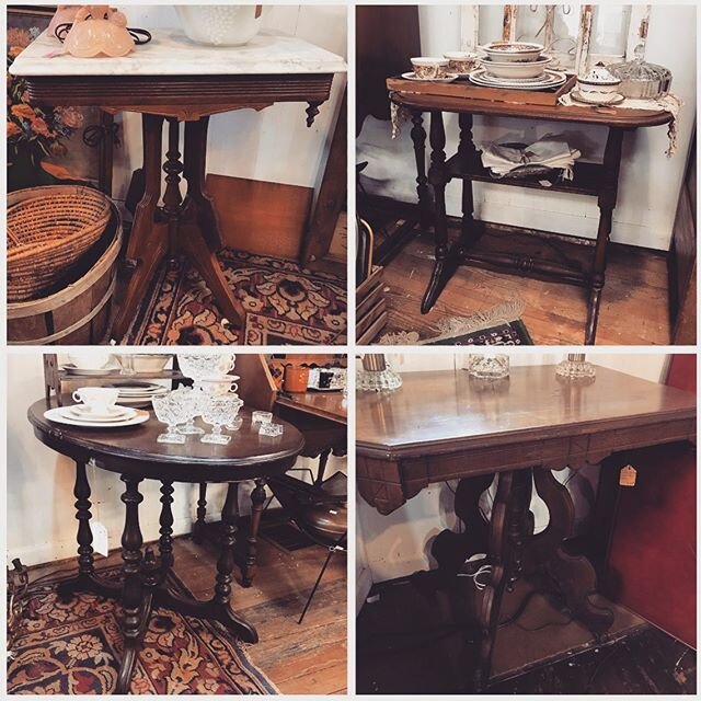 📣S&bull;A&bull;L&bull;E❗️ Parlor tables are the perfect size for bedside tables, large end tables, and for game boards / small puzzles. We have wood top, marble top, round, square... and they&rsquo;re all 25% OFF! Pop in and see us anytime 10-5 toda