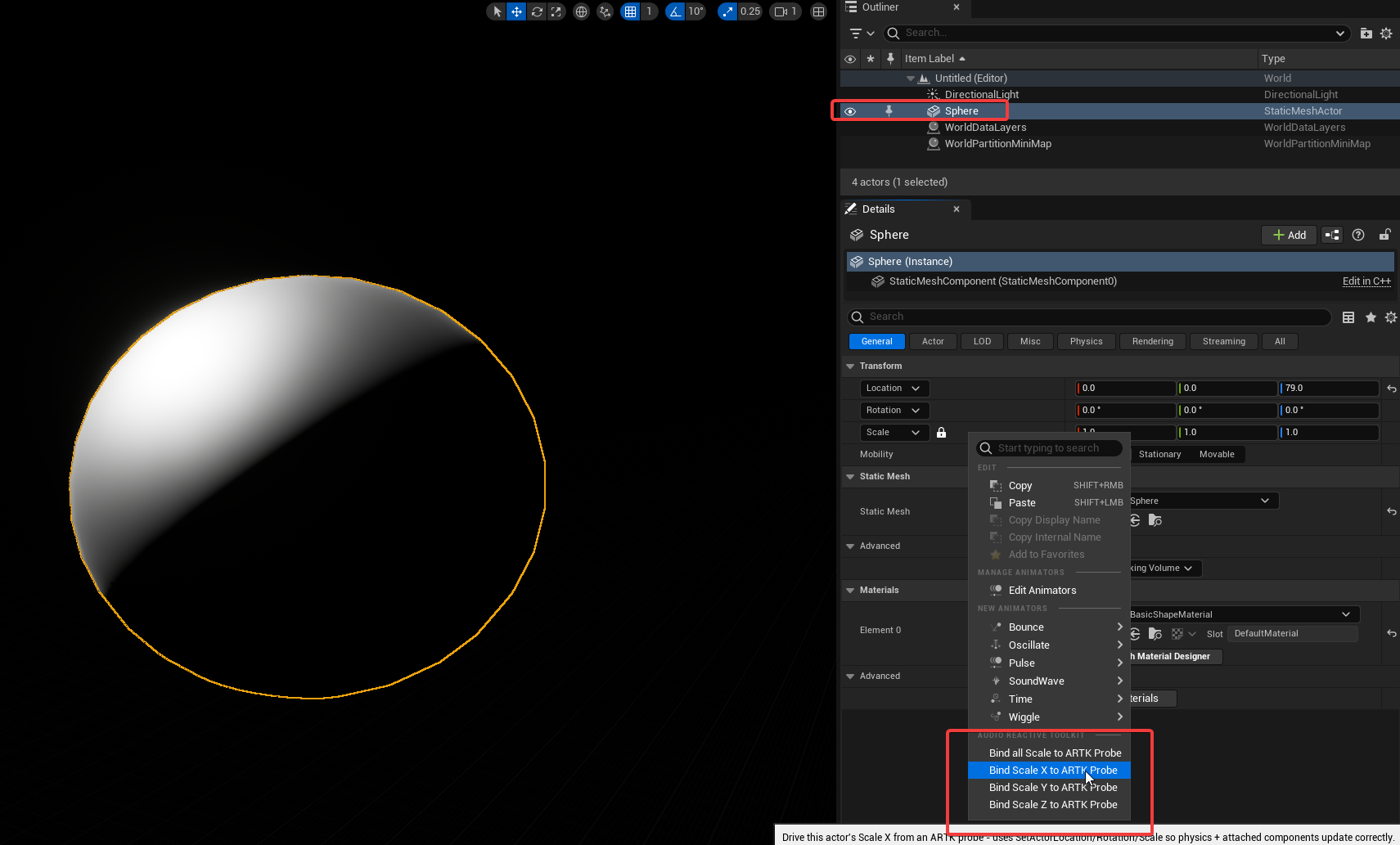 The right-click Bind to ARTK Probe menu on a property
