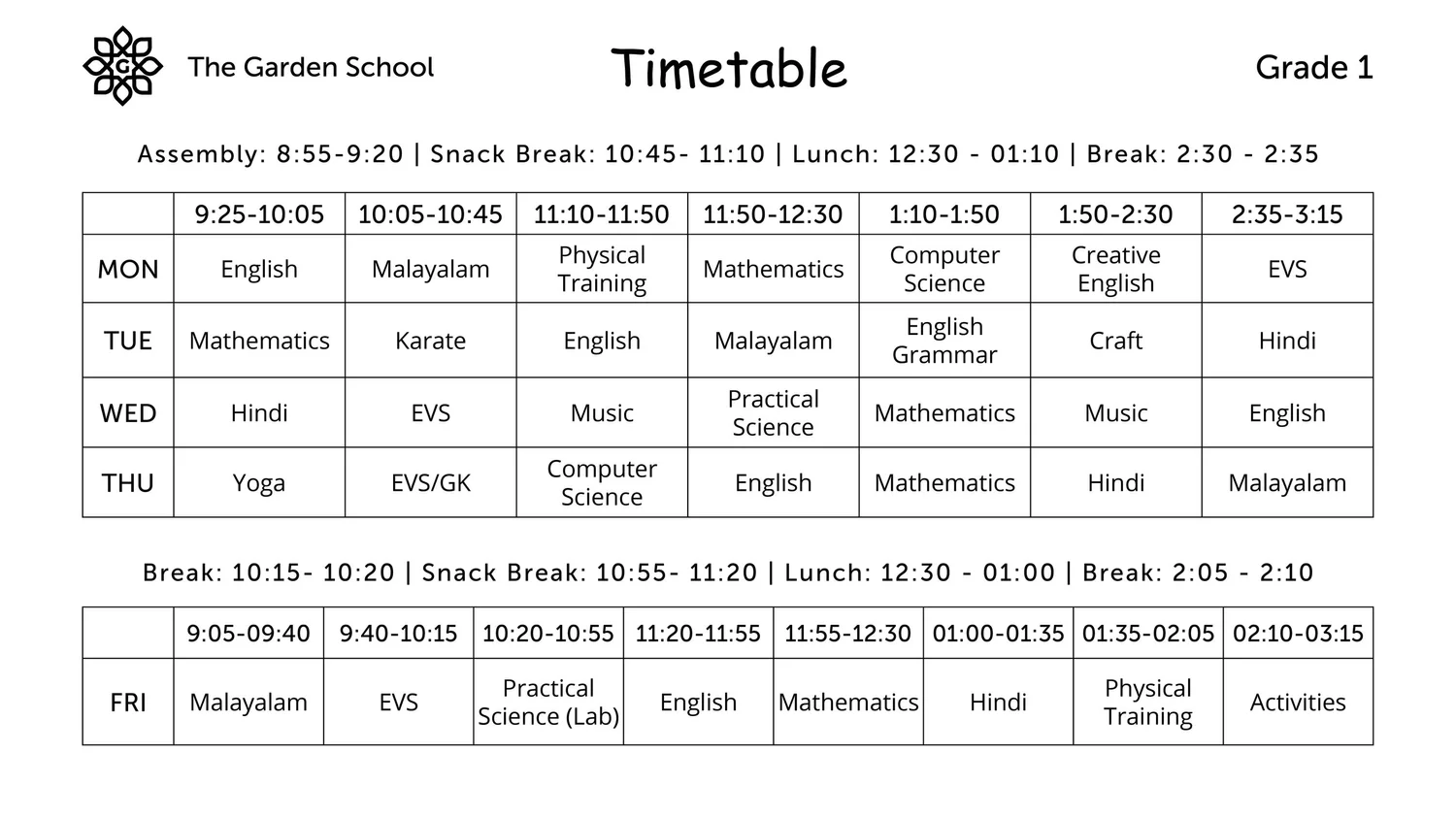 Time Table 2023-24 — The Garden School