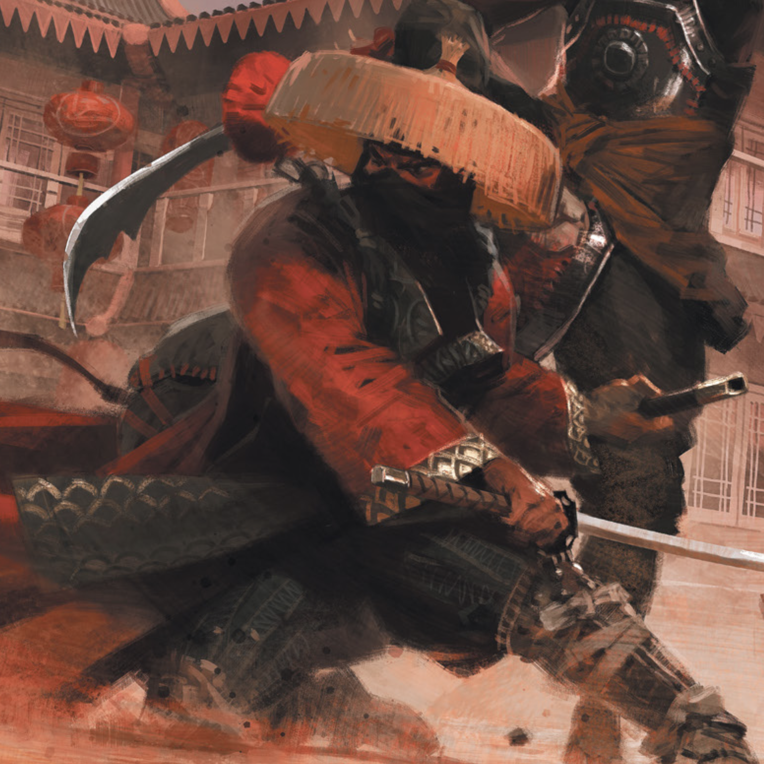 A Fusōese swordsman and a Shenese soldier encounter trouble in the street.