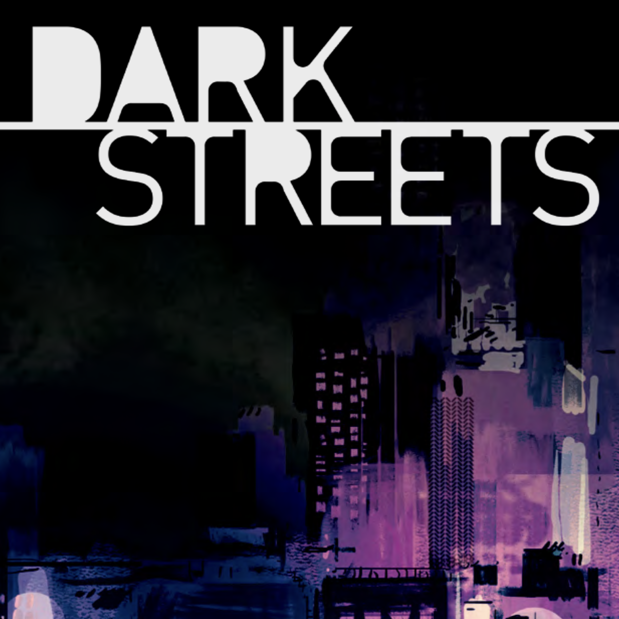 A stylized cityscape emerging from the dark.