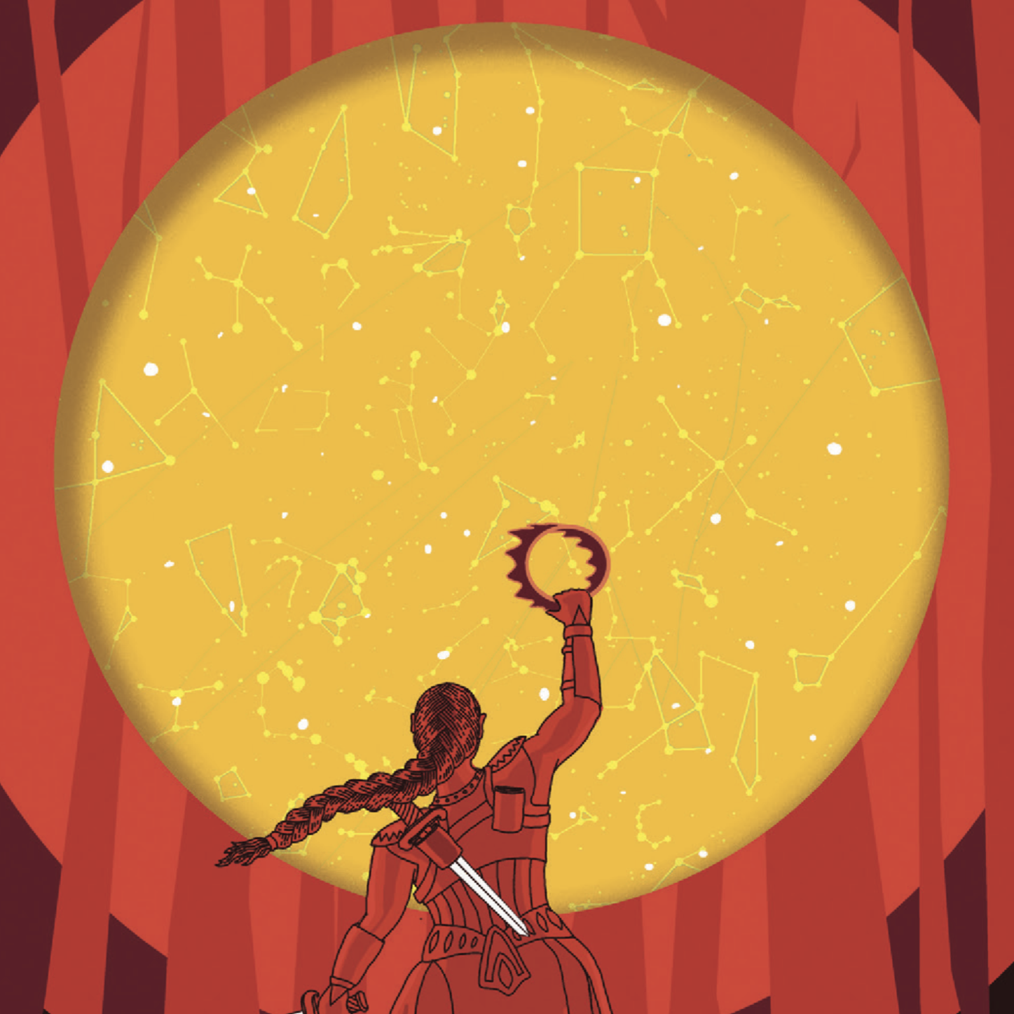 A swordswoman with a long braid raises a crown in front of a star map.