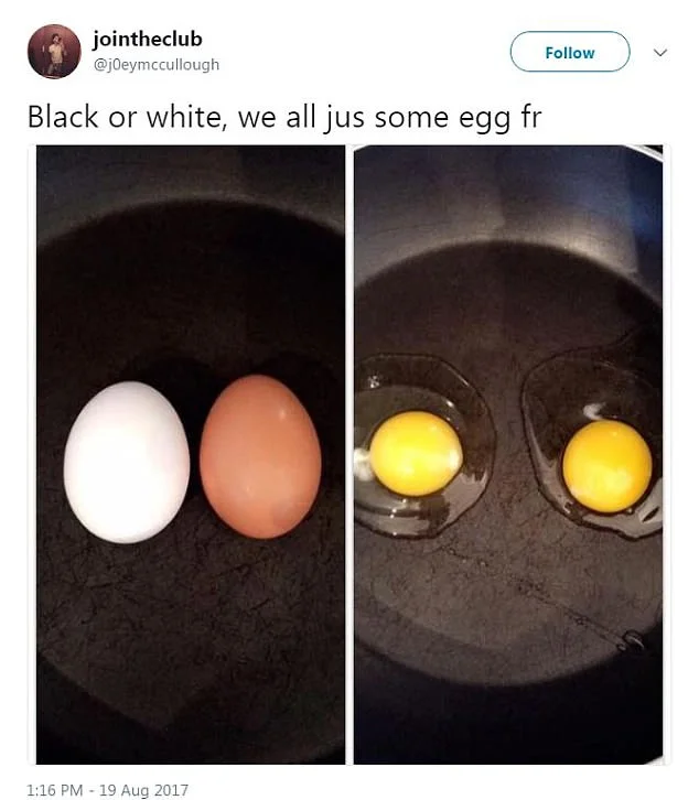 From the sigh Daily Mail: A well-intentioned tweet from a guy who looks white in his profile pic selfie. It says, “Black or white, we all jus some egg fr” and has side-by-side pictures of a white and brown egg side-by-side in a skillet, and presumably those same eggs cracked into the skillet. The eggs are the same color now that they have been cracked, which is how you know racism is over.