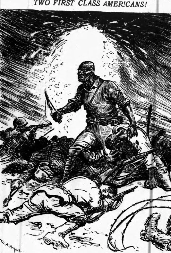 A Black, uh … orc? soldier? with a bloody knife and a baleful stare fights off German troops in a black-and-white New York Herald illustration of his acts of gallantry and/or savagery in World War I. Looking at this photo, I would not surmise that it comes from a complimentary article.
