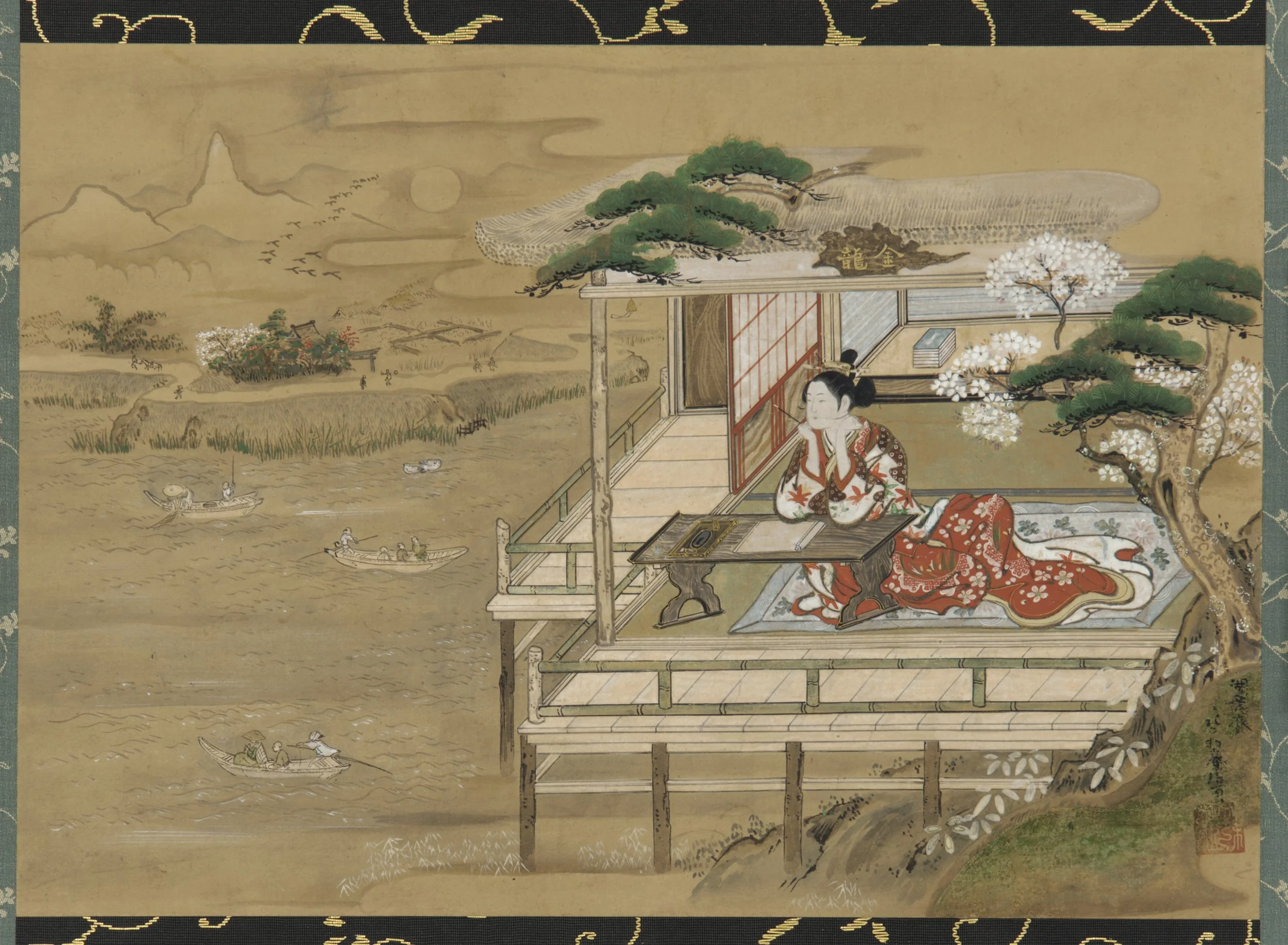 An old Japanese painting of Lady Murasaki sitting at a table thinking about how frustrating it is that talented dudes get away with creepy behavior as she composes The Tale of Genji at Ishiyamadera.