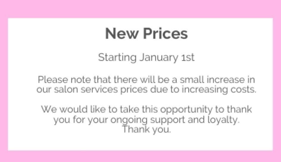 ⠀
Due to increasing salon costs and inflation, we will have our first price increase since opening in 2018. Check out www.velvetstudiohair.com to see our new prices 💕 ⠀
⠀
⠀
We appreciate our clients so much. Thank-you all so much for your loyalty &a