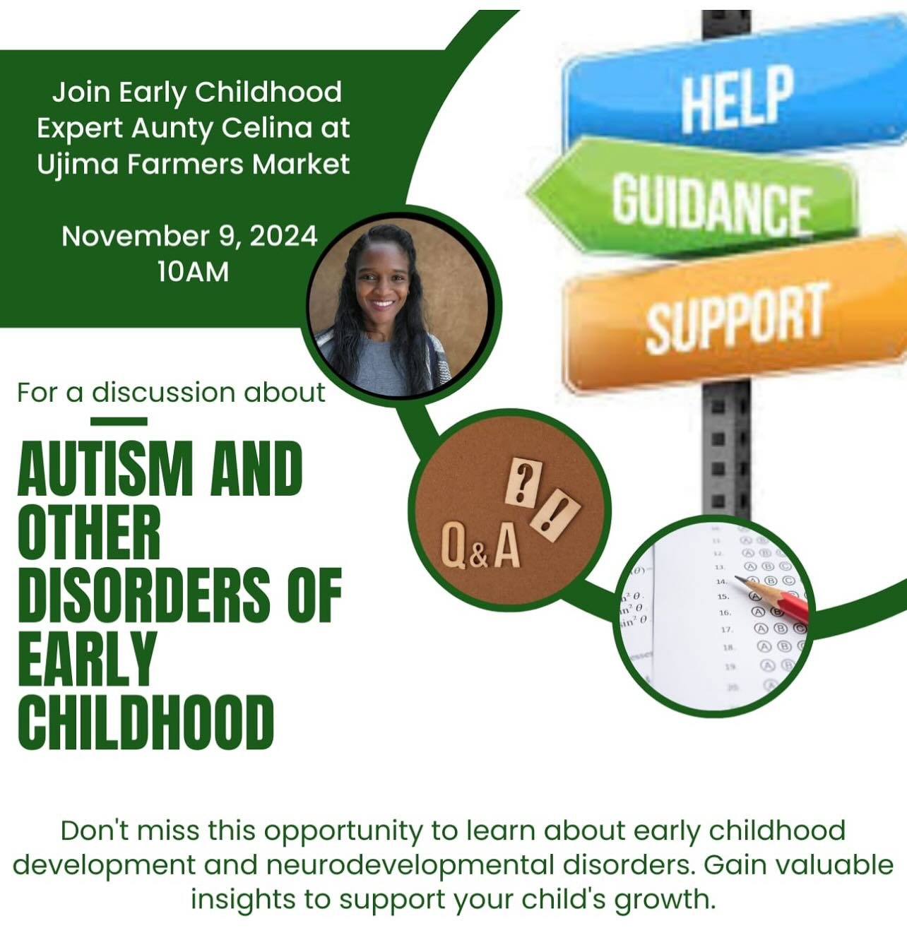 Save the Date for an Important Ujima Discussion and Assessments - November 9th. at Ujima Market. 

Aunty Celina will discuss &ldquo;Autism &amp; Other Early Childhood Disorders&rdquo; at 10 am and follow with  assessments. 

Pre-registration is neces