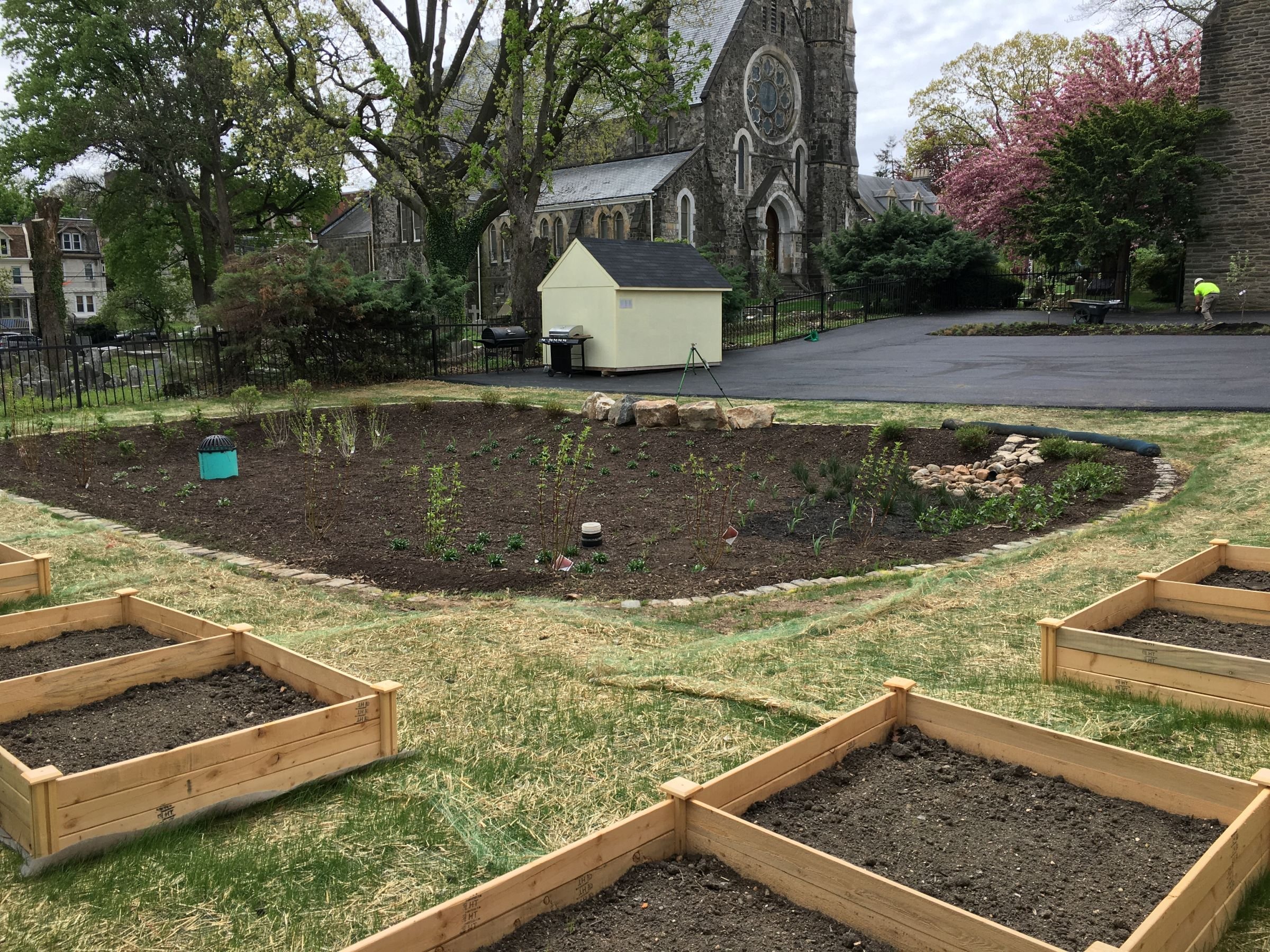 Raised garden beds and rain garden at St. Luke's Episcopal Church
