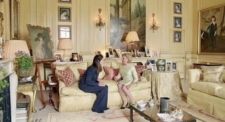  I have always been enamored with the Duchess’s butter-yellow sitting room in the Private Apartments at Blenheim Palace in Woodstock, England. While filming my television program there, I admired the magnificent bridal photograph of Lady Henrietta Spencer-Churchill. It was presented on the table behind me with the lamp, along with her other relatives as brides. 