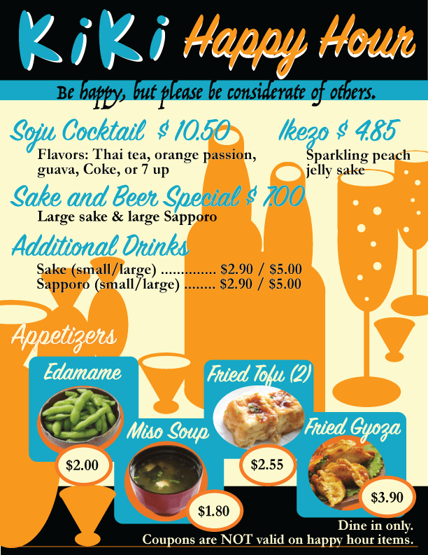 Kiki Happy Hour Menu 2019 - Adobe Illustrator.