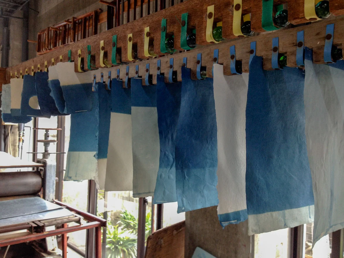 Indigo dyed paper drying at the Awagami factory