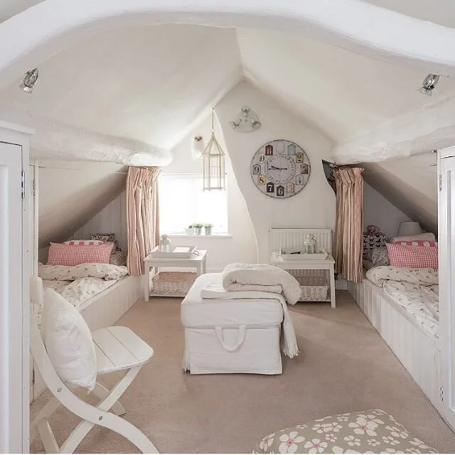 A throwback Thursday snapshot of my two eldest daughters&rsquo; attic bedroom. We couldn&rsquo;t get any furniture up the tiny staircase so I designed fitted pieces built into the eaves and created a dreamy treetop bedroom which they loved. Back to t