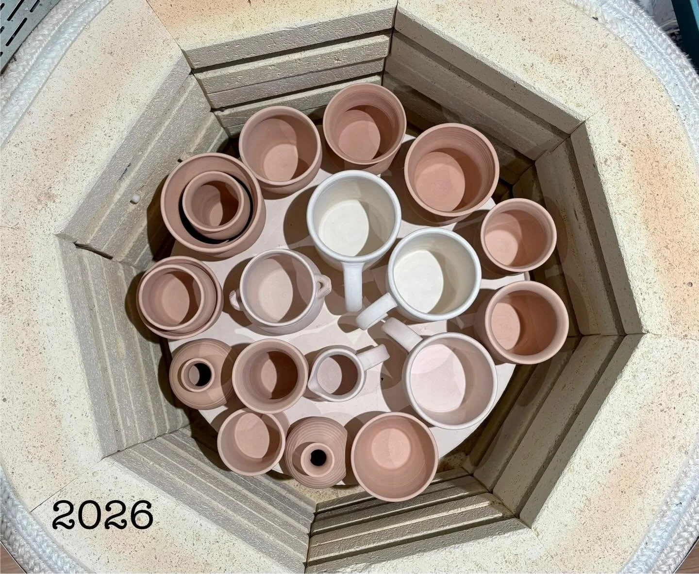 First firing of 2026. Impatiently waiting for the kiln to cool down so I can dig into the other shelves.  #kiln #pottery #handmadevases #cheshire