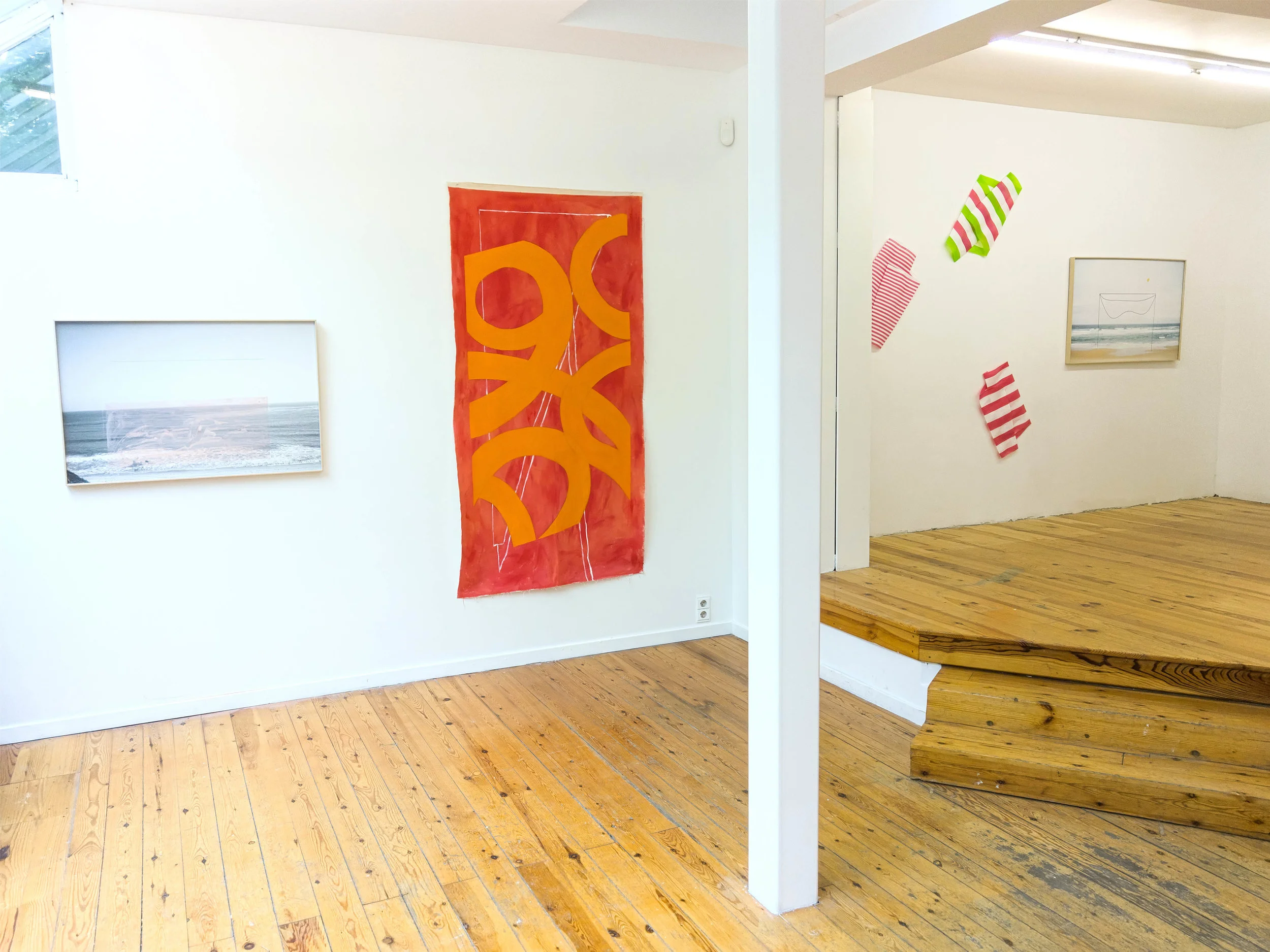 Alice Quarema, Common Ground, gouache and color pencil over photographic print (2018) and Daniel Barclay, Research for a logo of material space I, acrylic and pencil on canvas (2018)
