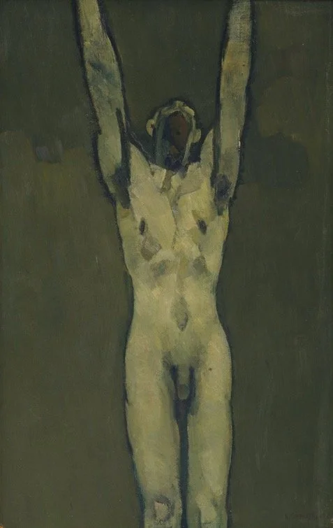 man with raised arms