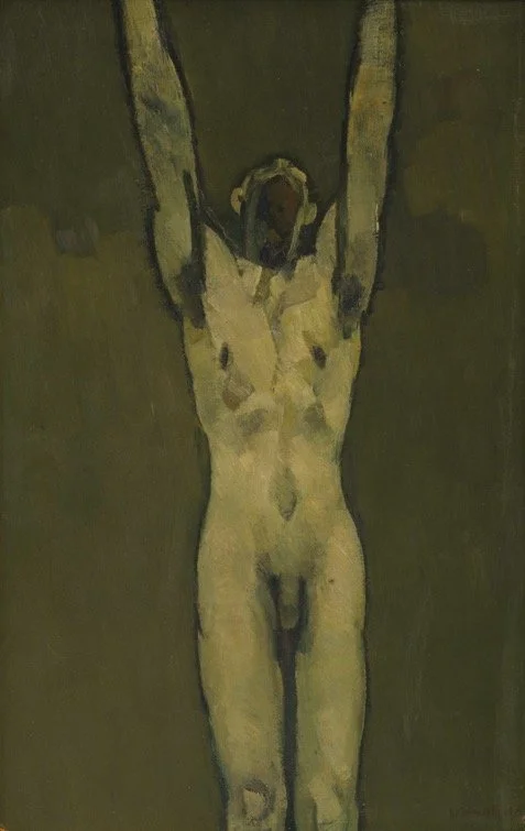 man with raised arms