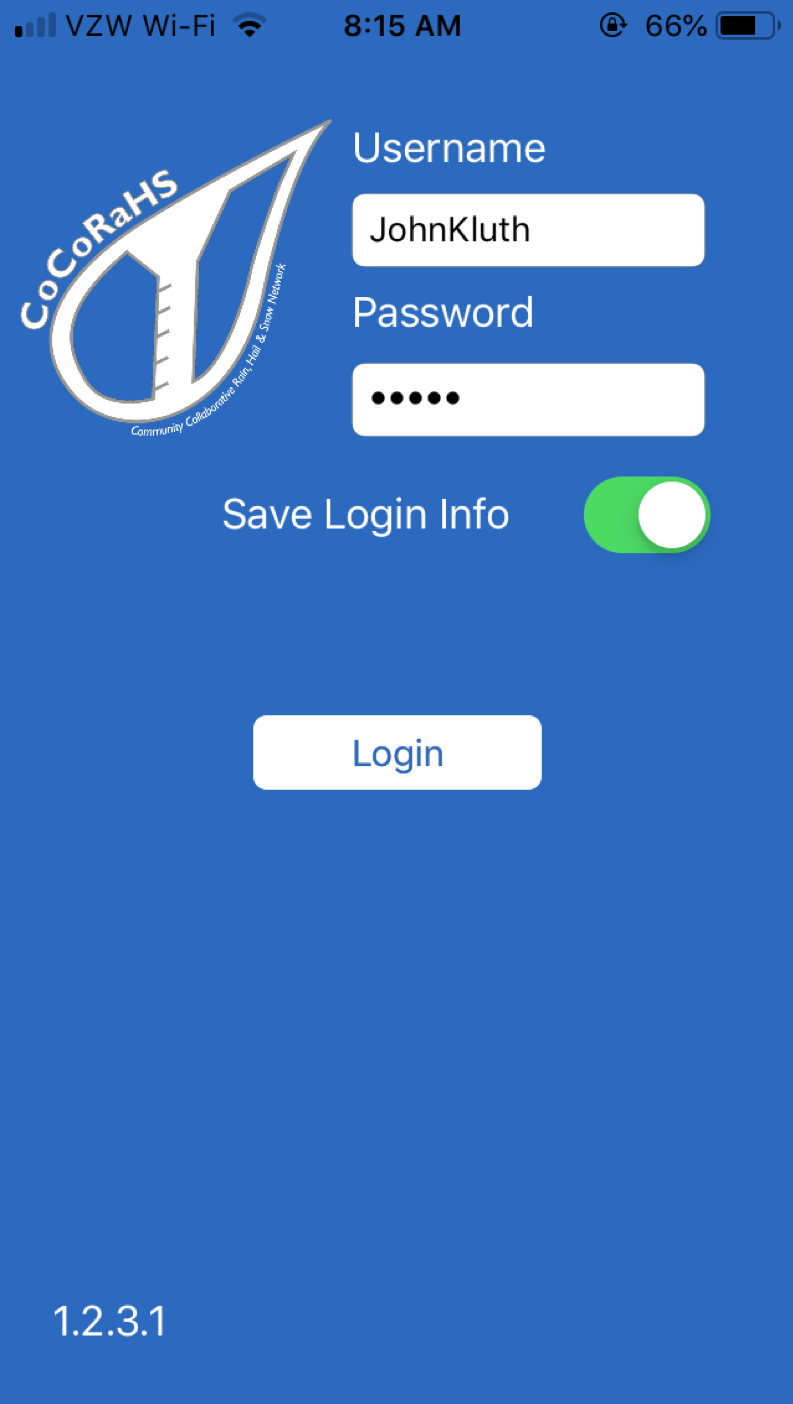 This is the CoCoRaHS login screen, after you open the app.