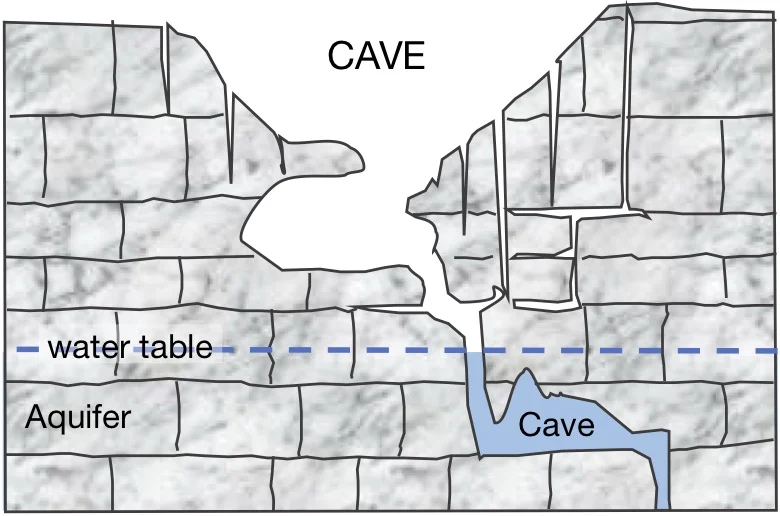 A cave is a natural opening in the ground extending beyond the zone of light and large enough to permit the entry of man. Caves are large voids created by water dissolving the limestone.