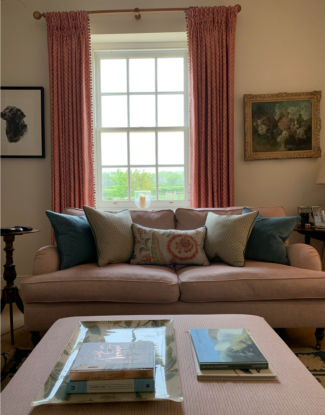 New sofa, cushions, curtains and an ottoman