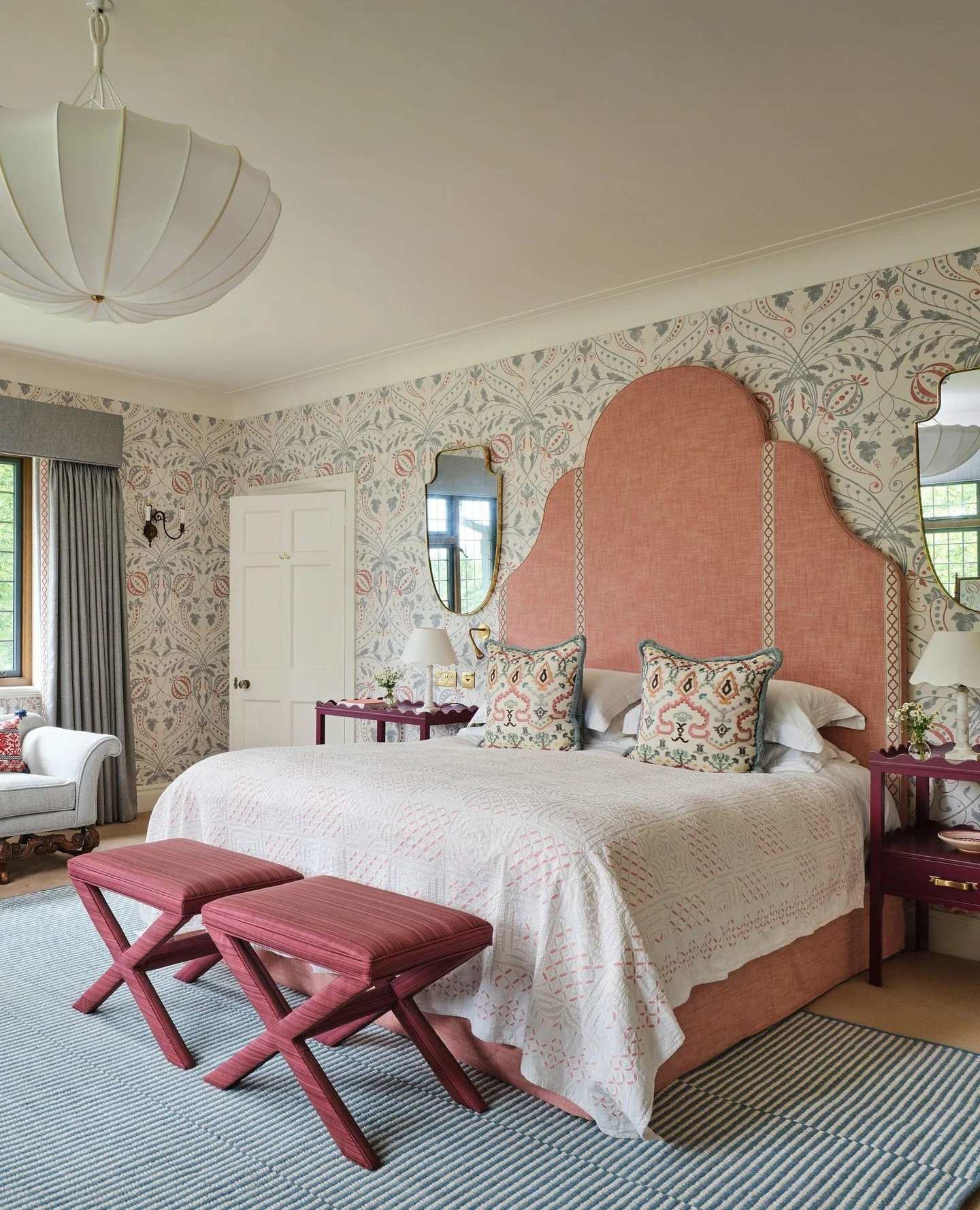 A principle bedroom 〰️ perfect for some R&amp;R at the end of the summer. ⁠
⁠
For details of how you can stay here please send me a DM.⁠
⁠
Rug - @birdiefortescue⁠
Stools - bespoke in @johnboydhorsehairfabric⁠
Light - @gong_design⁠
Mirrors - @vaughand