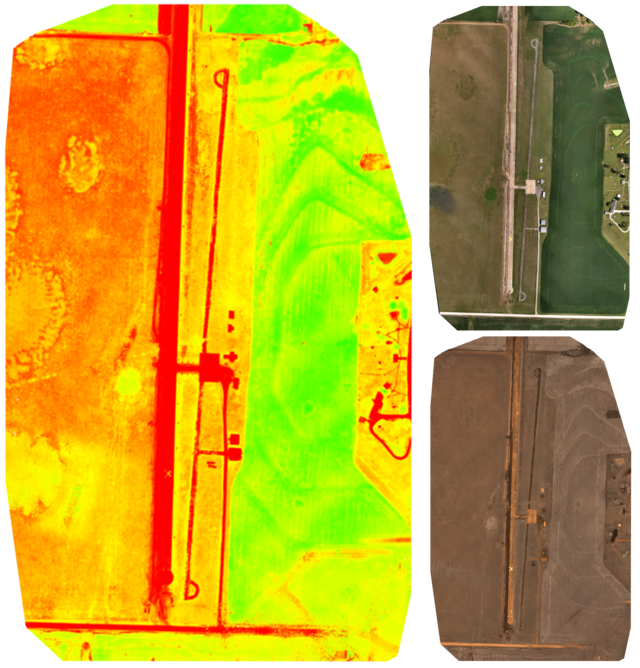 An NDVI orthomosaic map of an airstrip and nearby field (left) are made from a combination of RGB (top right) and NIR (bottom right) imagery. NDVI maps depict the -1 to 1 scale as colors perceptible by the human eye, making variations in crop health more apparent than standard photography can.