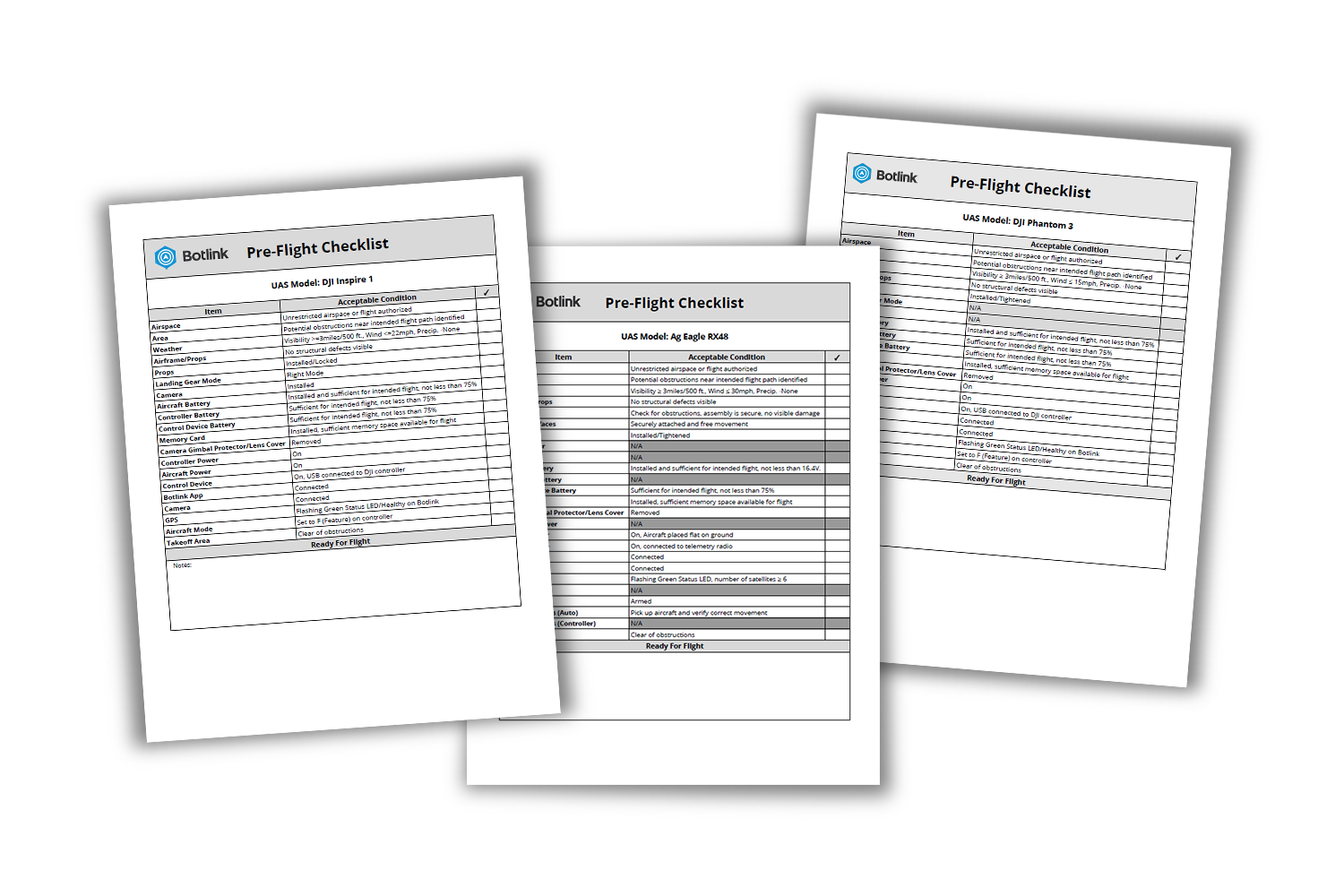 Botlink offers FREE Pre-Flight Checklists to help drone users achieve a successful and safe flight.