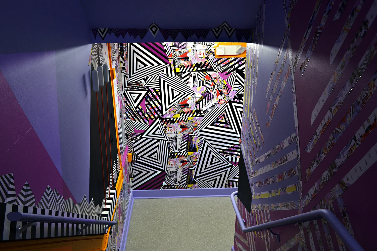 2015, Pattern Perception, is a mixed-media installation conceived, in collaboration, by Kyle Bauer, Amy Boone McCreesh and Katie Duffy. This project is an immersive site-specific installation that re-imagines the new Clement Street side main entrance of School 33 Art Center In Baltimore, MD. Printed vinyl, painted walls, projections and decorative 3-D elements create a dizzying visual experience. Co-Lab(oration) is supported by the Robert Rauschenberg Foundation’s Artistic Innovation and Collaboration Program, which supports fearless and innovative collaborations in the spirit of Robert Rauschenberg.