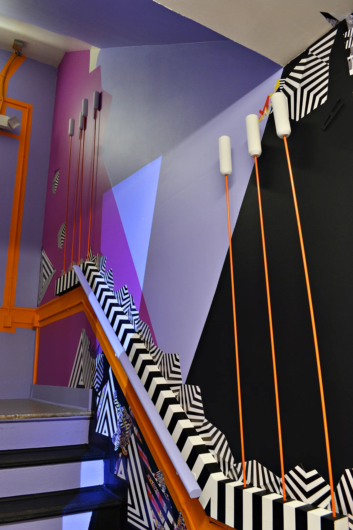 2015, Pattern Perception, is a mixed-media installation conceived, in collaboration, by Kyle Bauer, Amy Boone McCreesh and Katie Duffy. This project is an immersive site-specific installation that re-imagines the new Clement Street side main entrance of School 33 Art Center In Baltimore, MD. Printed vinyl, painted walls, projections and decorative 3-D elements create a dizzying visual experience. Co-Lab(oration) is supported by the Robert Rauschenberg Foundation’s Artistic Innovation and Collaboration Program, which supports fearless and innovative collaborations in the spirit of Robert Rauschenberg.