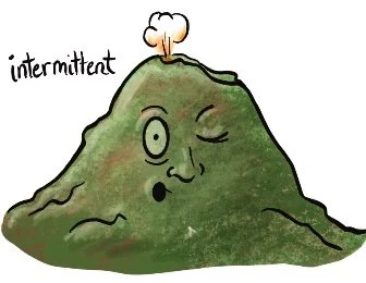 a volcano with one eye open and one closed demonstrating the occasional activity of intermittent volcanoes