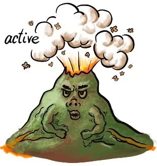 an exploding volcano with yellow eyes