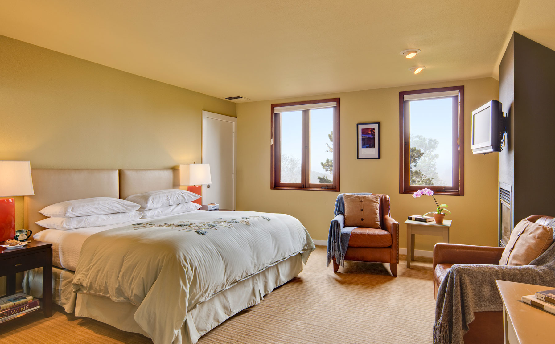 The lookout room is sunny with a king bed, leather armchairs, flat screen TV and fireplace.