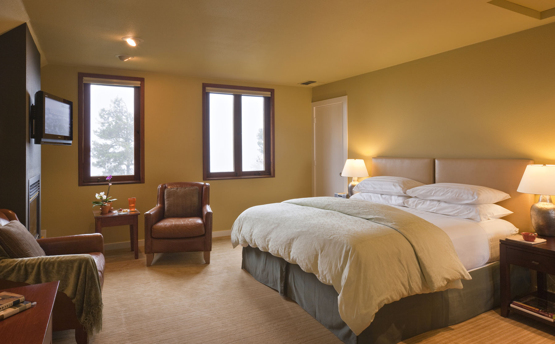 The Smuggler's Cove room has a king featherbed, leather armchairs, flat screen TV, and fireplace.