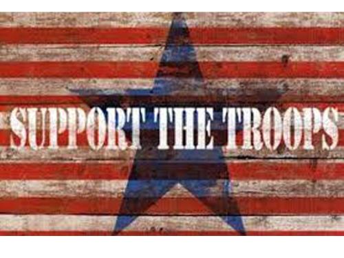 Support the Troops on a rustic wood painted with red stripes and blue star