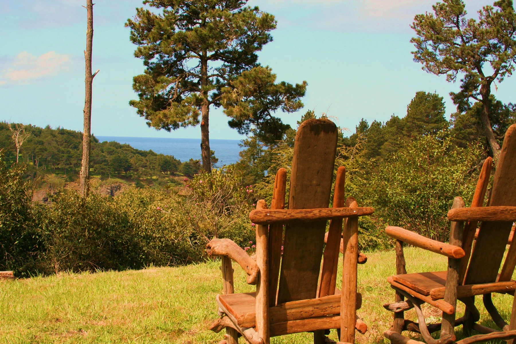 A pair of chairs on a lawn looking out to the Pacific.