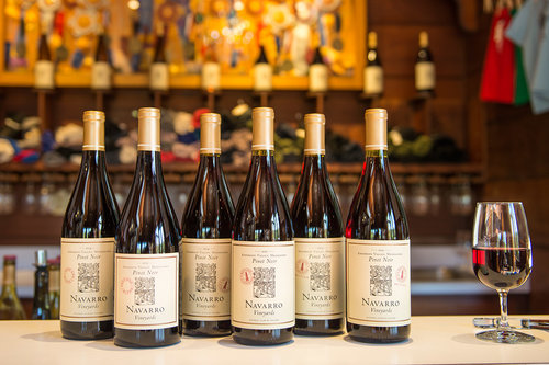 A selection of Navarro wine bottles with one glass of red wine beside them.