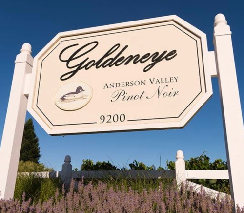 The road sign for Goldeneye winery promoting Anderson Valley Pinot Noir
