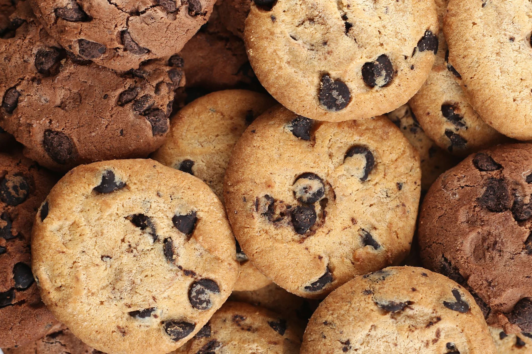 A close up of chocolate chip cookies.