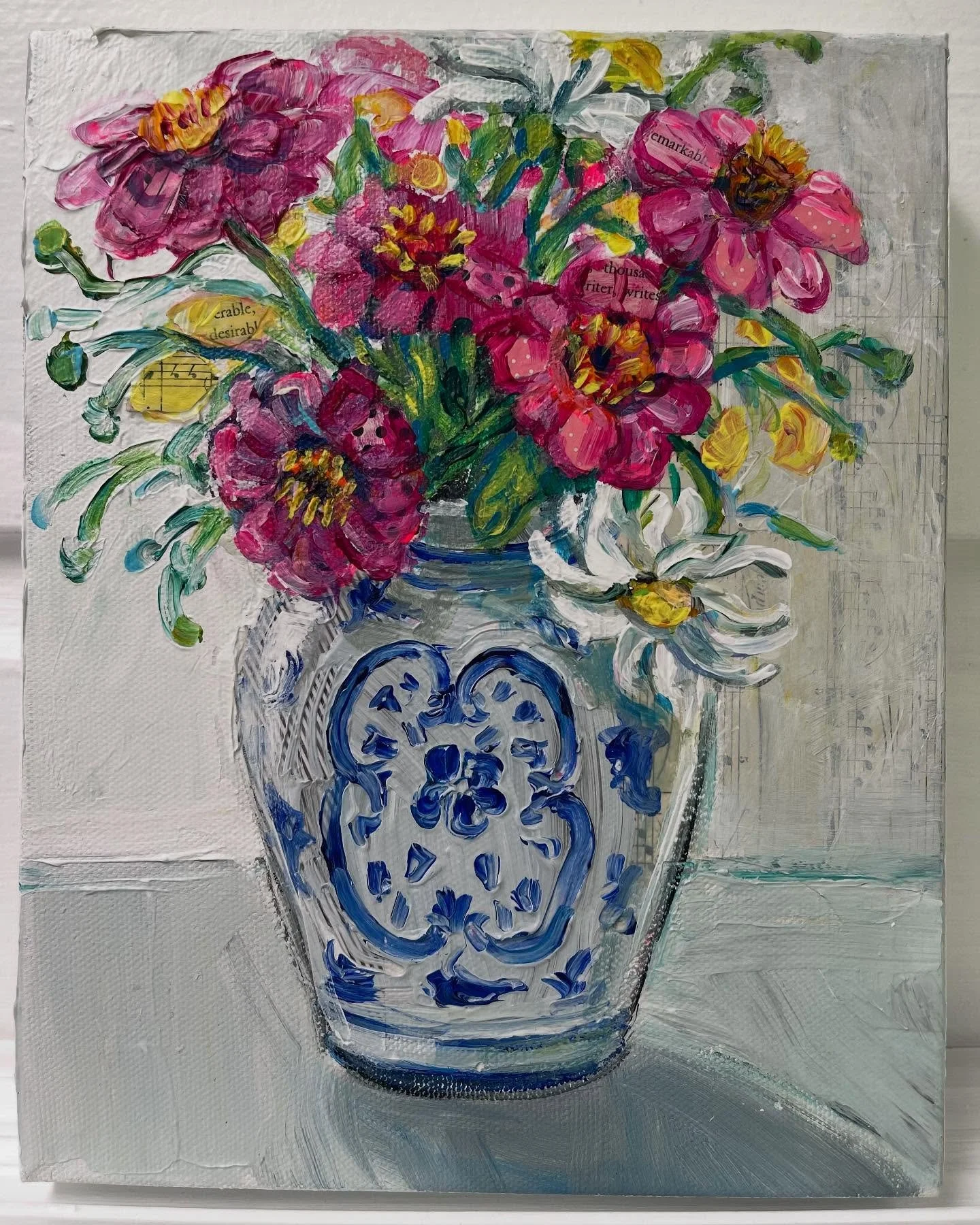 Ginger jar with zinnias and daisies from the garden.
