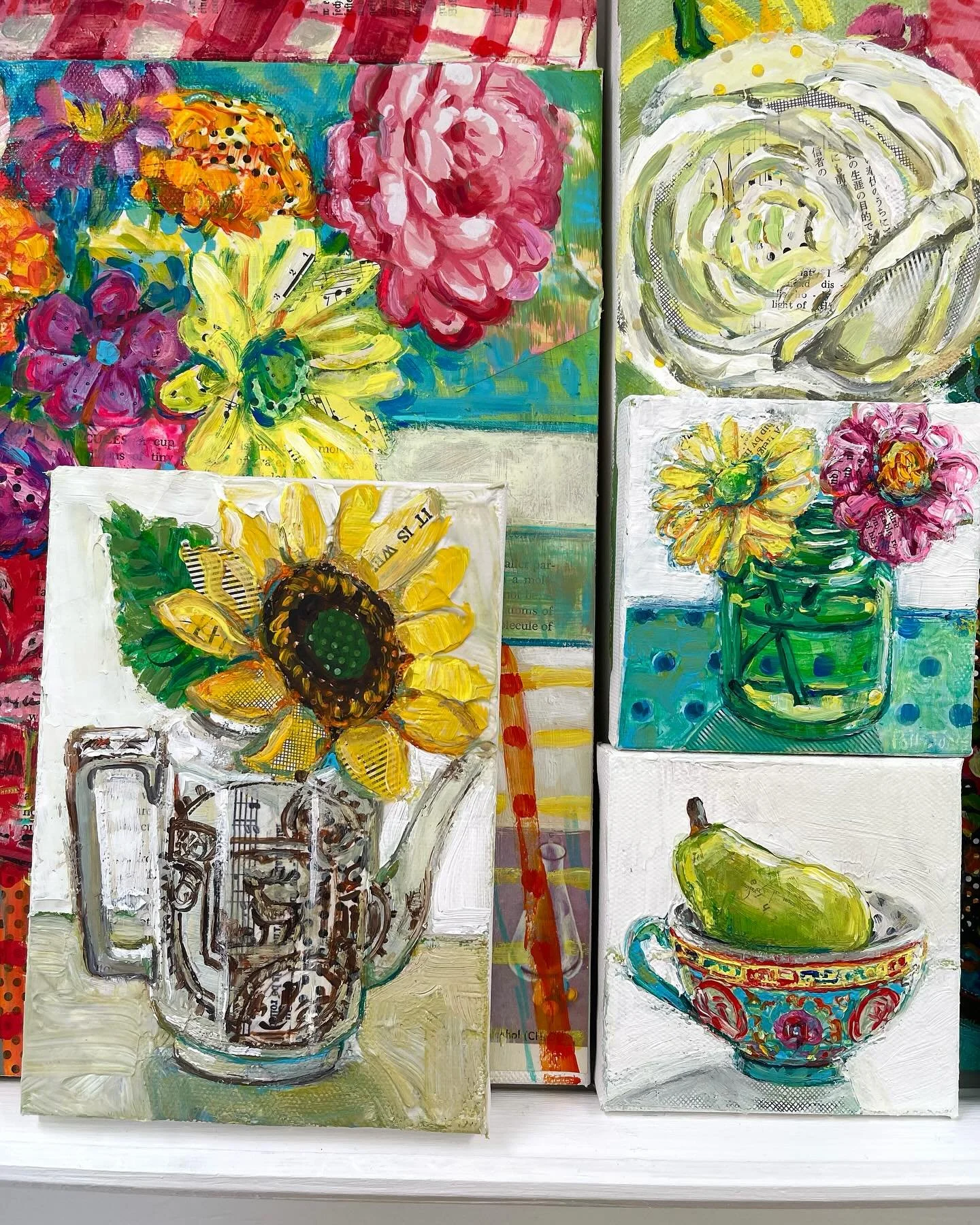 New little ones are stacking up! I&rsquo;m really enjoying working small and intuitively. No real theme, just reaching for still life objects from my crowded studio shelf and a few straggler flowers still alive in the garden. Coming soon to my online