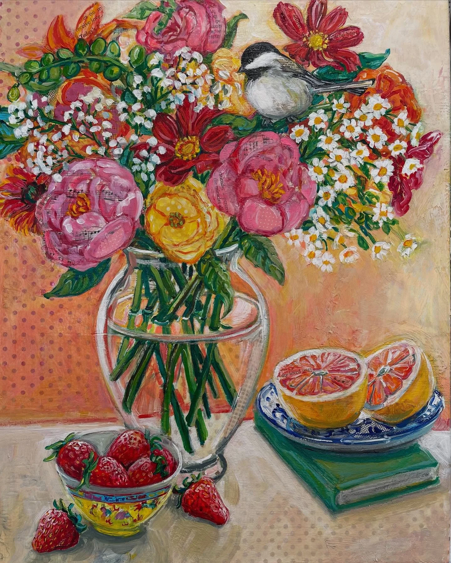 I&rsquo;m excited to share a painting I&rsquo;ve been working on commissioned by a young couple. Bouquet with a Chickadee:)