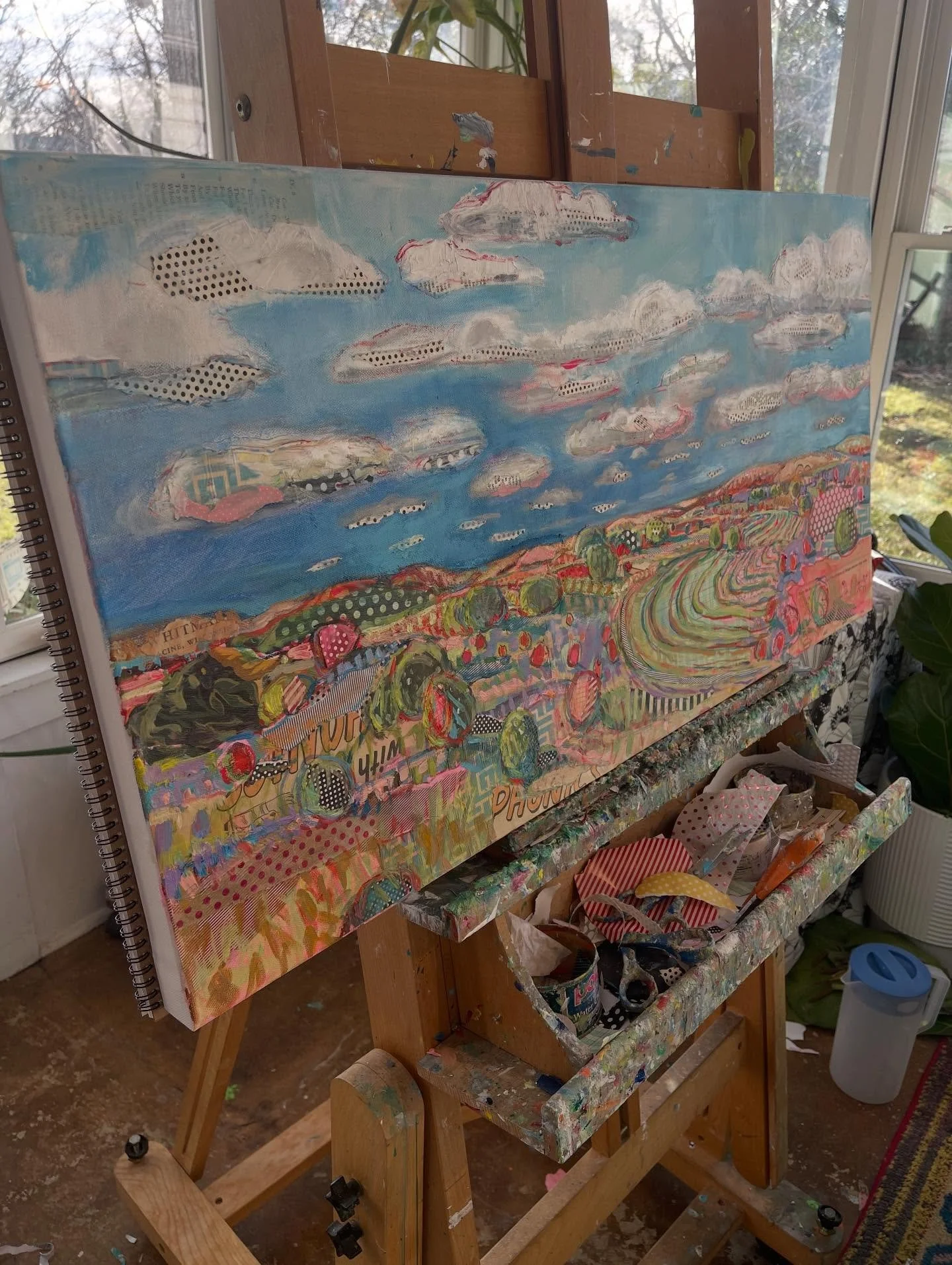 Snapshots of the studio today. I&rsquo;ve finished a landscape for @thecenterabilene Winter Showcase January 23- February 28th. There will be a reception January 30th 5 - 7. Can&rsquo;t wait to see everyone&rsquo;s art there. #artexhibit #landscapepa